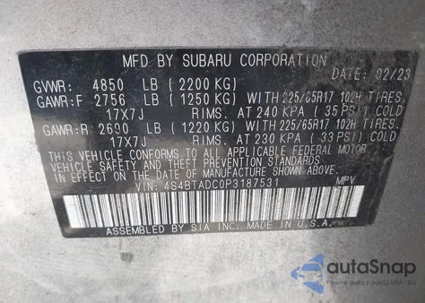 2023 Subaru Outback Premium z USA, uszkodzony, nr VIN 4S4BTADC0P3187531